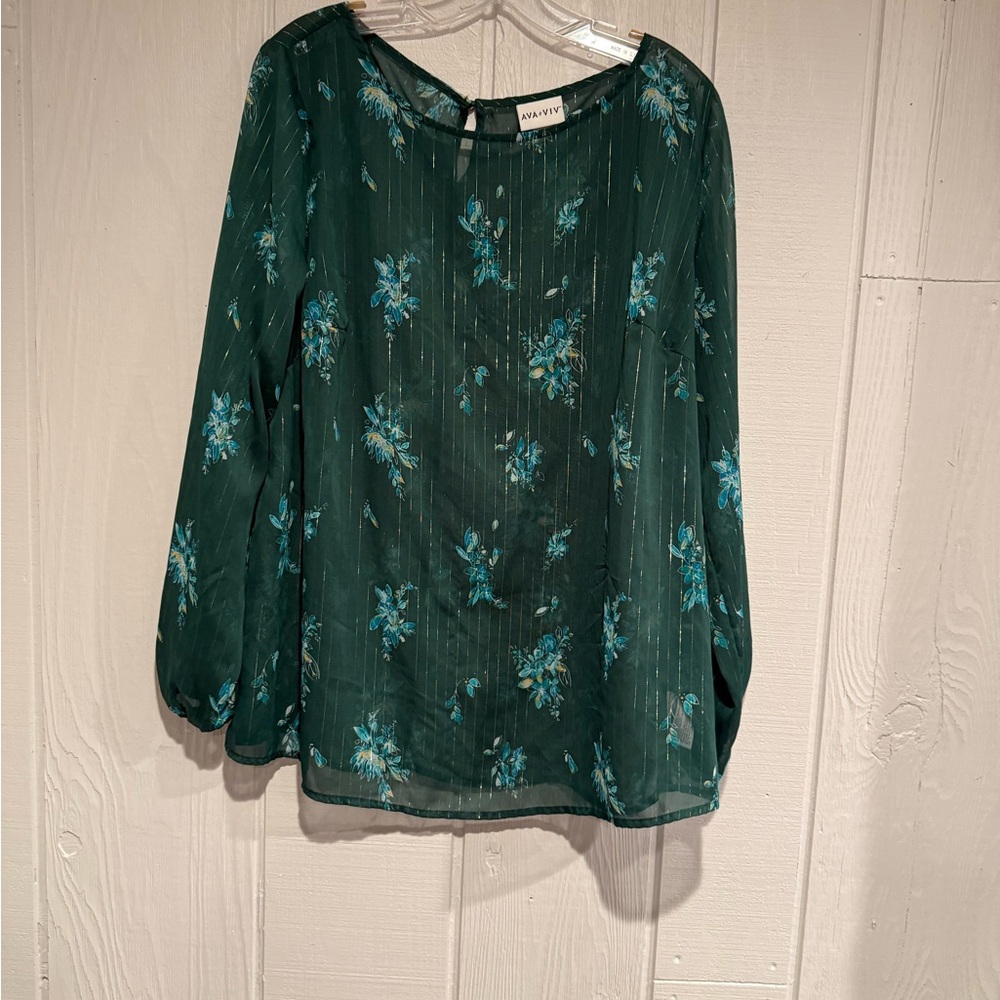 Ava & Viv Green Floral Long Sleeve Sheer Top